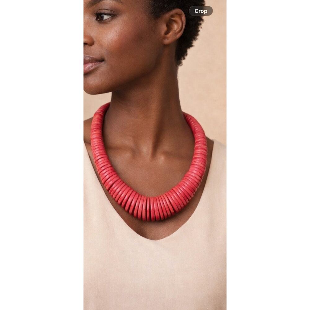 Vintage Red Wood Disc Necklace Bold Statement 16 Inch